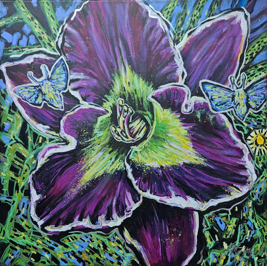 Electric Garden:Bela Lugosi Daylily | Original acrylic painting on canvas | 24X24"