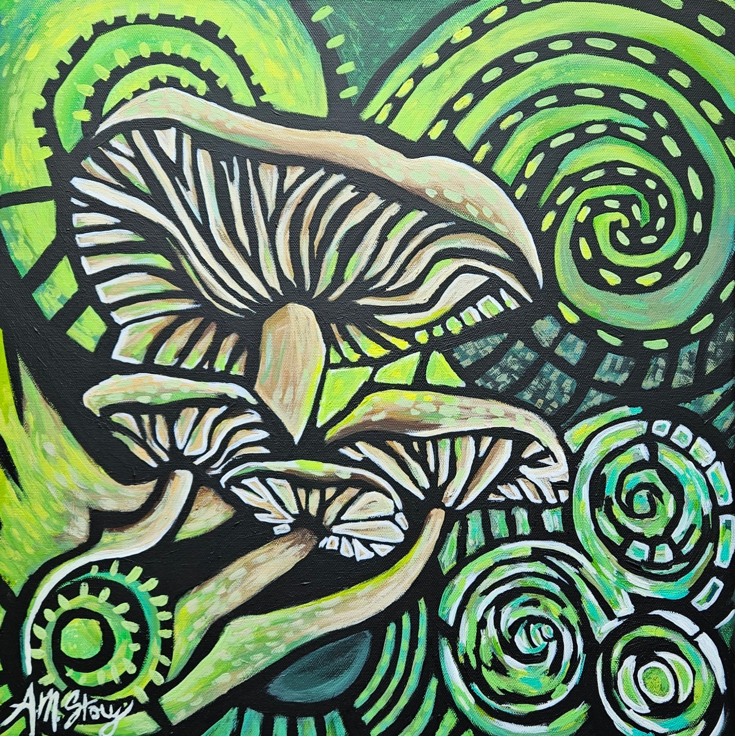 Prism Shrooms: Electrical Pulse | Original acrylic painting on canvas | 18"X18"