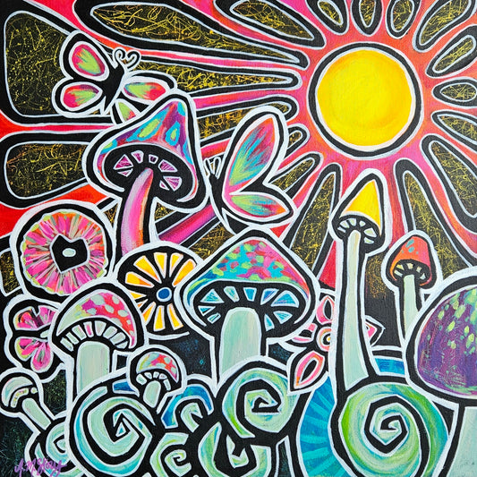 Prism Shrooms: Sunny Shrooms | Original acrylic painting on canvas | 20"X20"